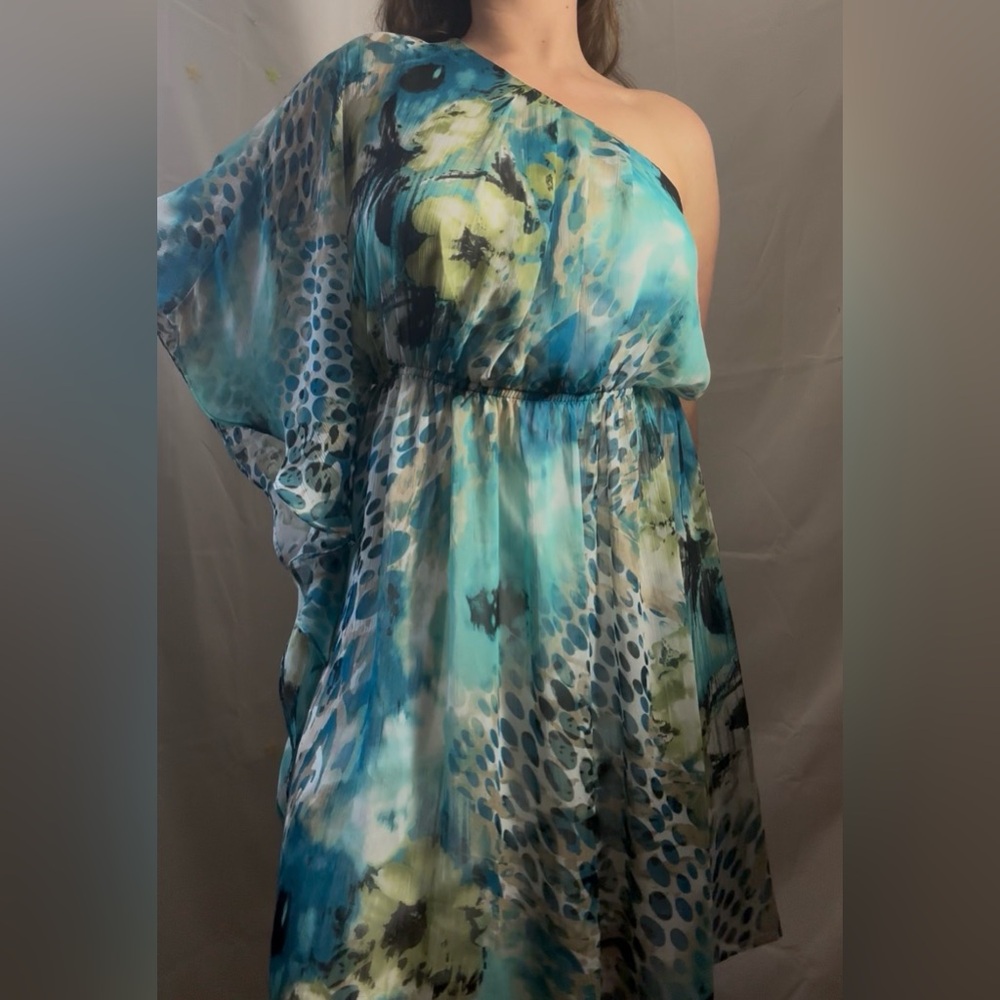 Turquoise Floral Abstract One Shoulder Flowy Boho Beach Goddess Dress Size L-XL - Picture 2 of 13